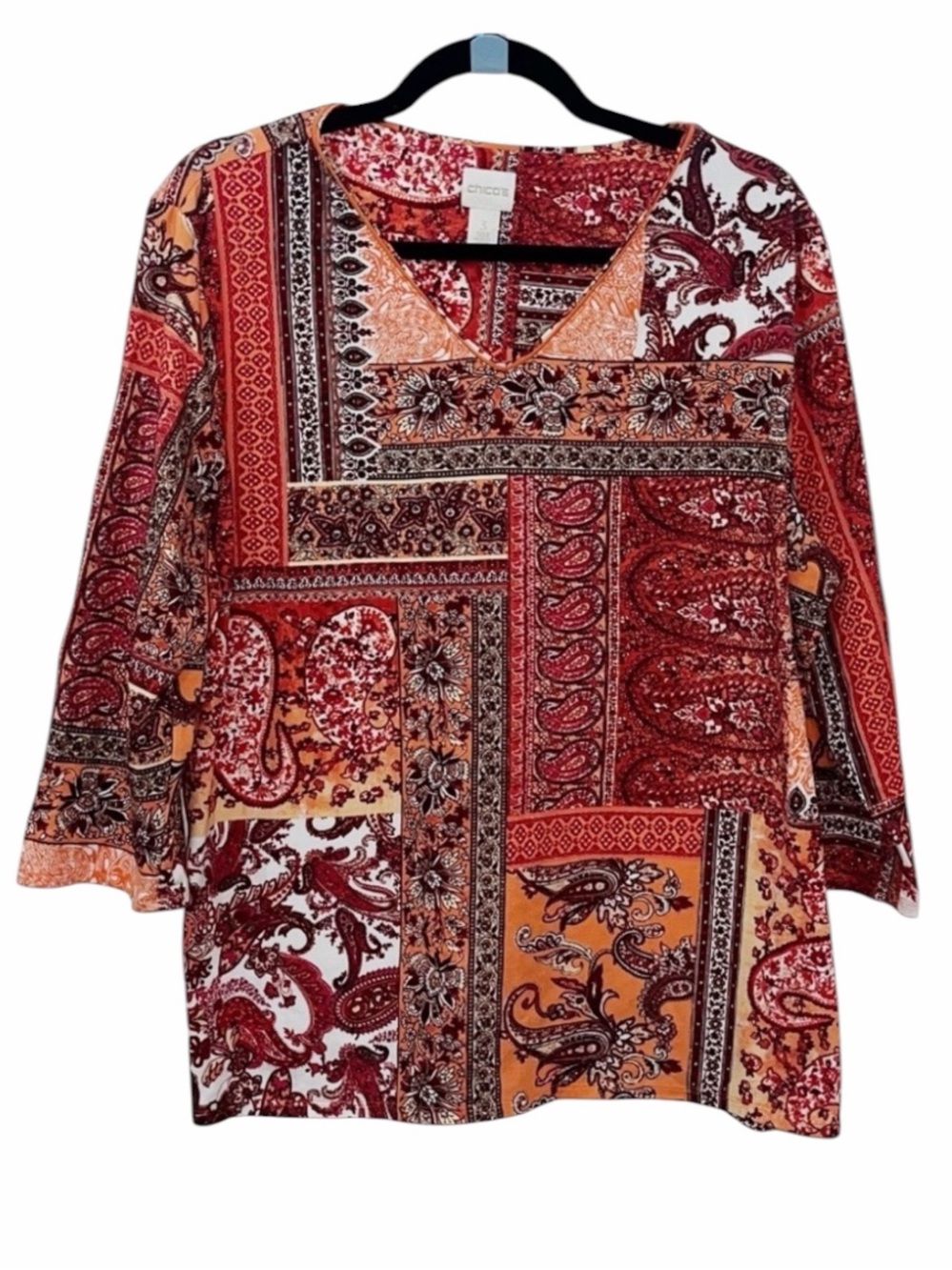 Chicos Tangerine orange 3/4 Sleeve V Neck  Cotton Top